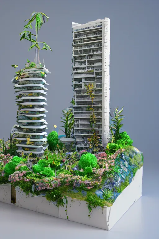 Image similar to 3 d printed physical model organic flowy including more than one city into one vertical building model that sits on a table in a room with a view back, multiple stories, transparent, with vegetation, colorful, eye - level view, 8 0 k, octane render, highly detailed 3 d render,