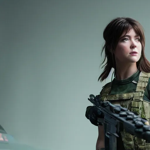 Image similar to mary elizabeth winstead as a futuristic soldier in a future battleground