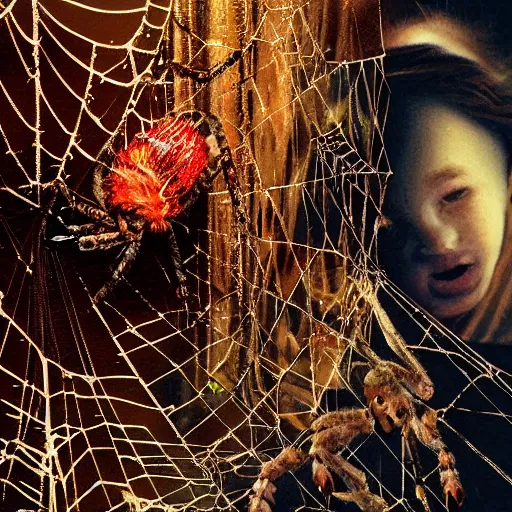 Prompt: Horror spider eating a human baby in its web realistic painting ultra detailed horror UHD 4k