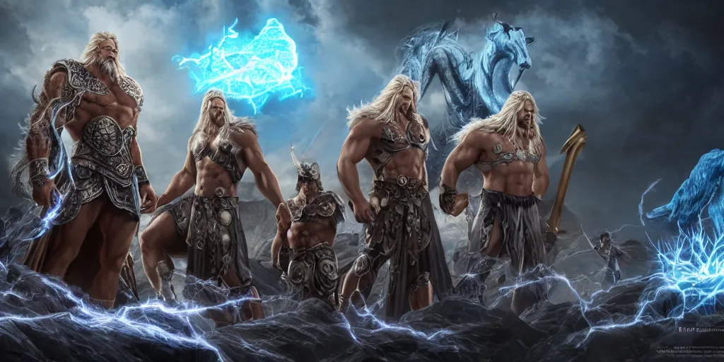 prompthunt: a epic and fantasy concept art of ragnarok, zeus, thor, by  tsuyoshi nagano, god of wars, aion, hyperdetailed, 8 k realistic,  symmetrical, wallpaper, long shot, frostbite 3 engine, cryengine, dof,  trending