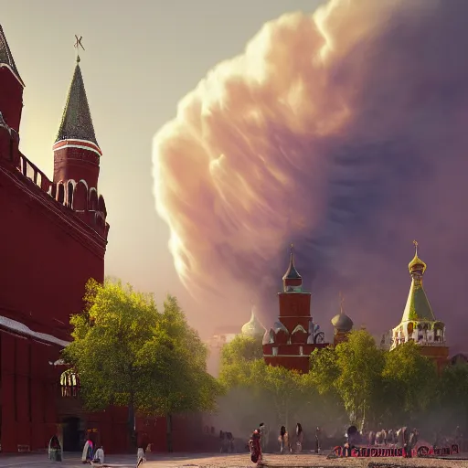 Image similar to huge explosion in Red Square Kremlin in the form of cotton plant, clubs of smoke are cotton plants, beautiful dynamic lighting, cinematic, establishing shot, extremely high detail, photo realistic, cinematic lighting, post processed, concept art, artstation, matte painting, style by frederic church, raphael lacoste, unreal engine 8k