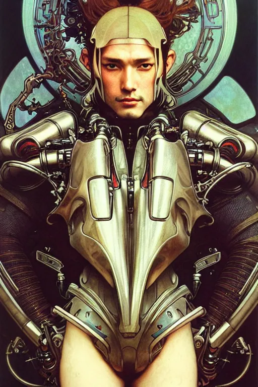 Prompt: realistic detailed portrait with a great pose of one handsome futuristic samurai in alien cyberpunk armor by alphonse mucha, ayami kojima, amano, greg hildebrandt, and mark brooks, male, masculine, art nouveau, cyberpunk, neo - gothic, gothic, character concept design