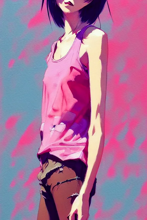 Image similar to a ultradetailed beautiful painting of a stylish woman in a pink tank top, by conrad roset, greg rutkowski and makoto shinkai trending on artstation