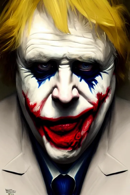 Prompt: Boris Johnson as Joker from The Dark Knight, portrait, highly detailed, digital painting, artstation, concept art, smooth, sharp focus, illustration, cinematic lighting, art by artgerm and greg rutkowski and alphonse mucha