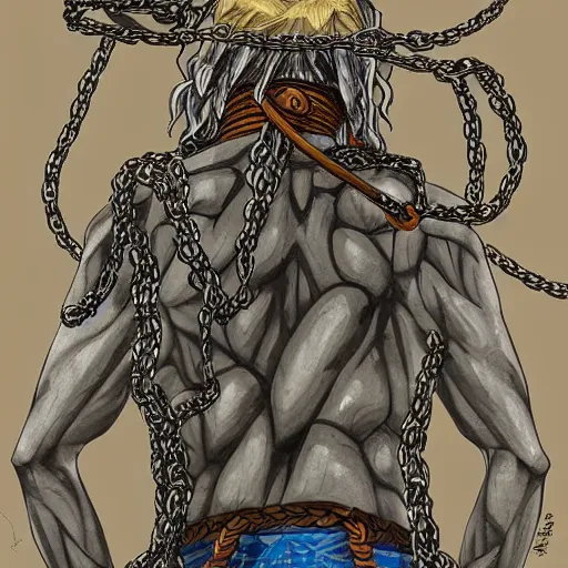 Image similar to A FULL BODY PORTRAIT FROM BEHIND OF MADARA UCHICHA ,THE MAN KEEPS A KUSARIGAMA AND IT IS WRAPPED IN CHAINS ,detailed, concept art, ink style , sketch