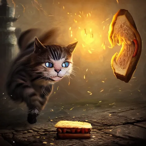 Image similar to deeply scared cat running away from the giant carnivorous sandwich, artstation hq, dark phantasy, stylized, symmetry, modeled lighting, detailed, expressive, true unsimulated emotions, created by hidetaka miyazaki, dark souls 3 artstyle