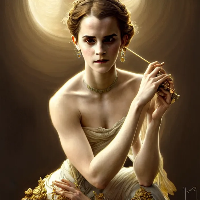 Image similar to ancient queen emma watson, symetrical, diffuse lighting, fantasy, intricate, elegant, highly detailed, lifelike, photorealistic, digital painting, artstation, illustration, concept art, 4 k, smooth, sharp focus, art by john collier and albert aublet and krenz cushart and artem demura and alphonse mucha