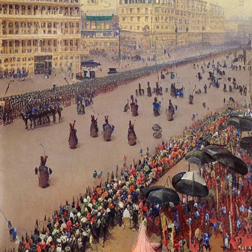 Prompt: dagomey officials with flat colorful umbrellas watching parade in ahomey's huge main square, from above, 1905, highly detailed, oil on canvas, by ilya repin