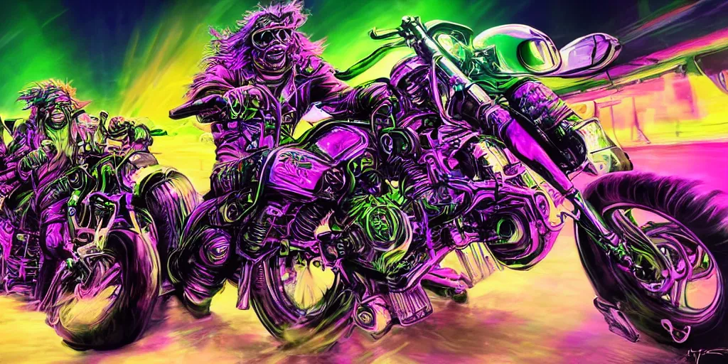 Image similar to psychedelic blacklight airbrush artwork, motorcycles, hyper stylized action shot of orc bikers racing on motorcycles, menacing orcs, drifting, skidding, wheelie, clear focused details, soft airbrushed artwork, black background, cgsociety, artstation