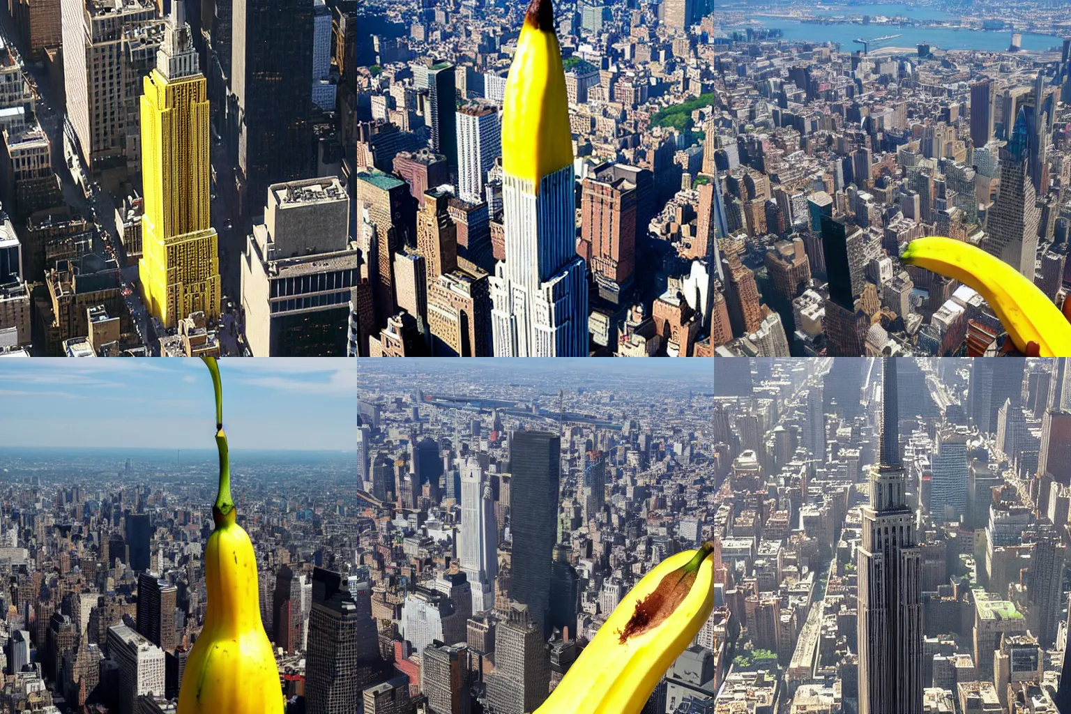 Prompt: giant banana impaled on the top of the empire state building