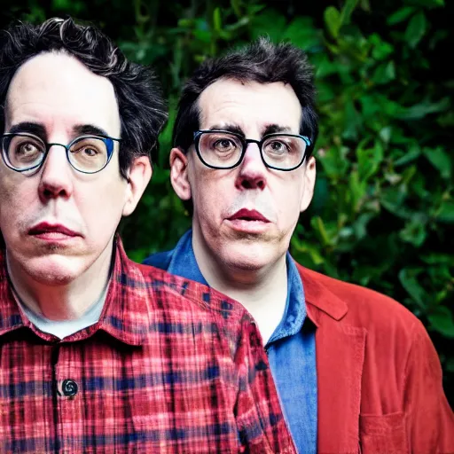 Image similar to john linnell and john flansburgh of they might be giants as puppets, band marketing material, photograph, sharp focus, 4 k, extremely detailed