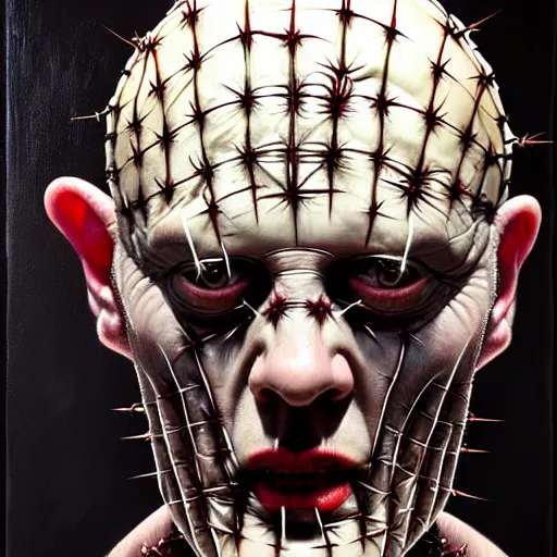 Image similar to portrait of pinhead from hellraiser. demonic cenobite. barbed wire face, blood. oil painting by lucian freud. path traced, highly detailed, high quality, j. c. leyendecker, drew struzan tomasz alen kopera, peter mohrbacher, donato giancola