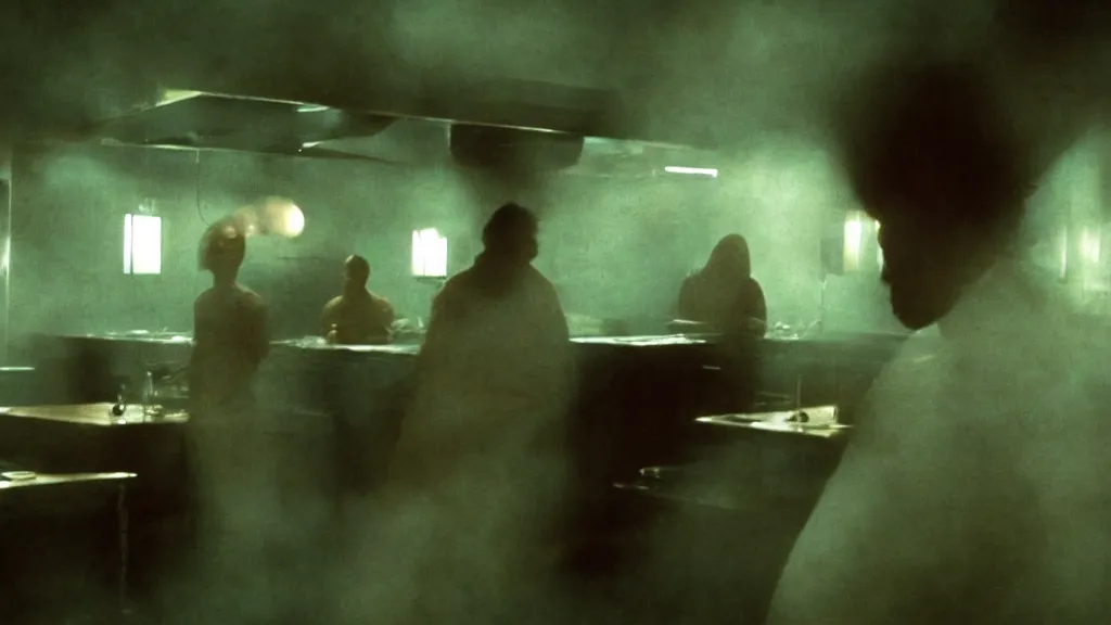 Prompt: the strange creature in the restaurant kitchen, film still from the movie directed by denis villeneuve and david cronenberg with art direction by salvador dali and zdzisław beksinski,