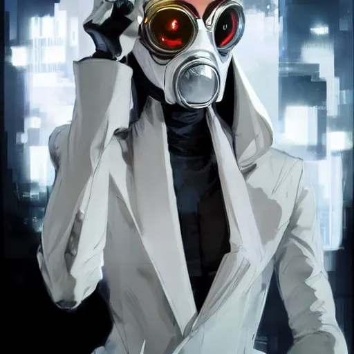 Prompt: full body portrait of a character in sleek clothes, in a futuristic flowing white tailcoat, wearing a white insectoid mask with many lenses for eyes, many eyes, dramatic lighting, illustration by Greg rutkowski, yoji shinkawa, 4k, digital art, concept art, trending on artstation
