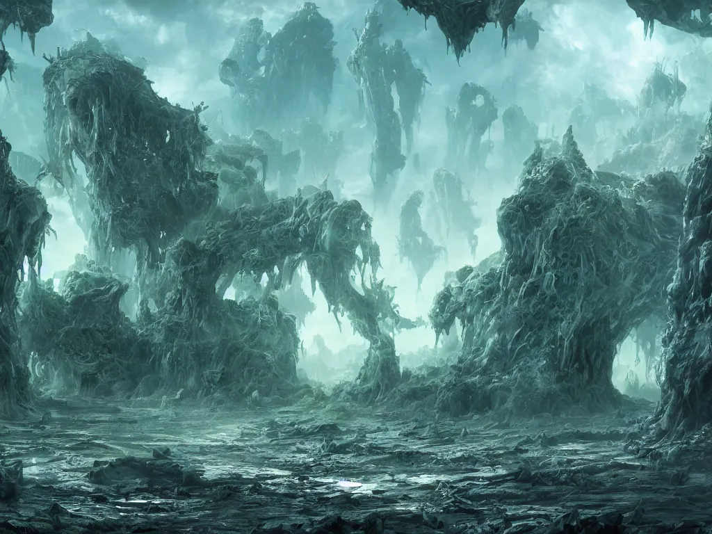 Prompt: A concept art painting of giant alien biotech remains in the boiling swamps of slime on the sharp glass crystal cliffs of dying alien planet; hyperrealistic, 4K wallpaper, cinematic lighting, highly detailed and beautiful