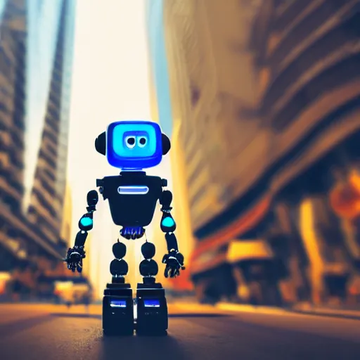 Prompt: a cute robot in the middle of a busy street with skyscrapers, low angle camera, cinematic, very detailed, 4 k, depth of field 1 2 3 4