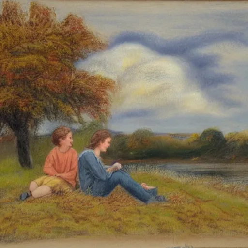 Prompt: landscape pastel of tiny happy young man with long brown hair and woman with long light brown hair, laying under a tree looking at clouds autumn, ( ( ( wearing jeans ) ) ), by charles sillem lidderdale.