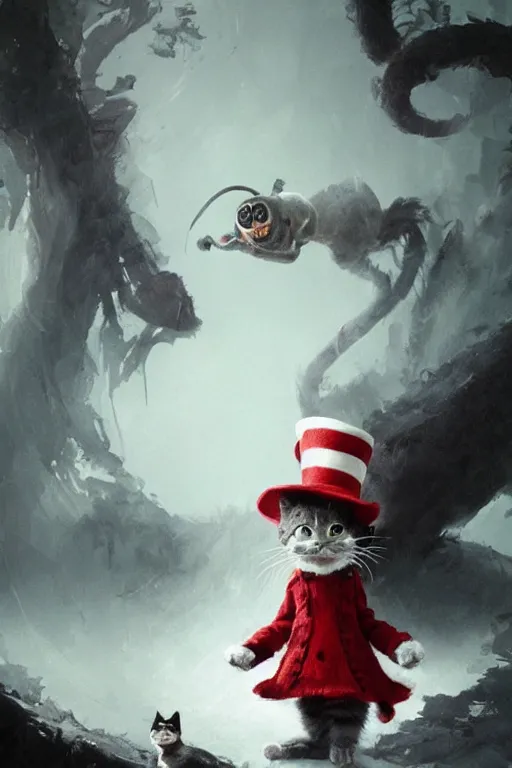 Prompt: the cat in the hat, scary, cinematic, concept art by dr seuss and greg rutkowski and ruan jia