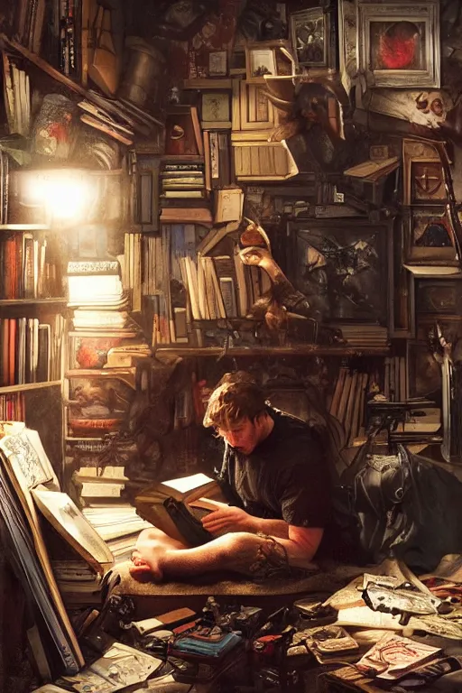 Image similar to a dramatic lighting photo of a guy reading a book in a cluttered messy 9 0 s bedroom, artgerm, tom bagshaw, gerald brom,