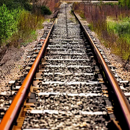 Prompt: working on train rails, hit and sunny day, very tired workers, slave, amazing deep photo, large, cool colors