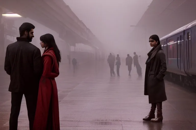 Image similar to film still of closeup beautiful model indian couple in blade runner 2 0 4 9, train station, cinematic, moody, gritty neon noir by emmanuel lubezki