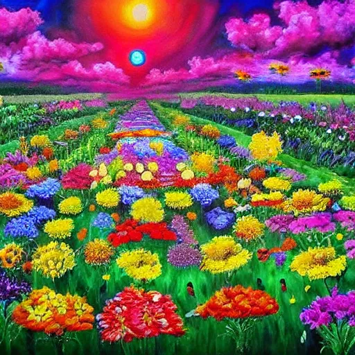 Image similar to An epic painting of an infinite flower garden