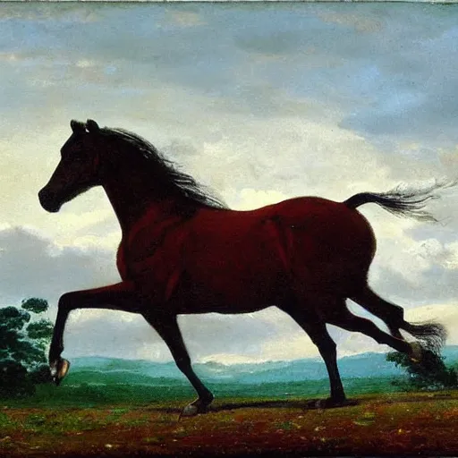 Image similar to a wide angle shot of a horse walking slowly. the scene is detailed and beautiful. the masterpiece painting uses a limited palette of colors, which are applied in a direct and expressive manner. the appearance is flat, with a two - dimensional quality. the composition is rhythmic.
