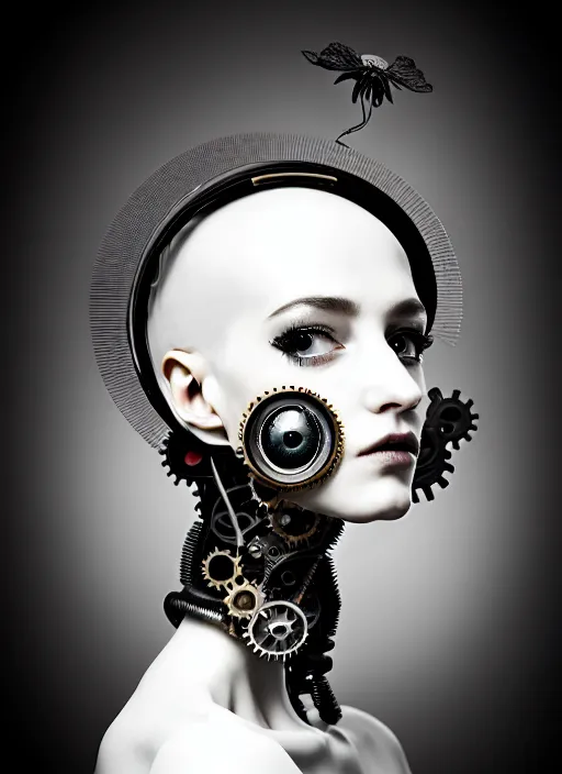 Prompt: black and white dreamy foggy profile face portrait, one steampunk eye biomechanical beautiful young female cyborg - robot, body ribs meshes, big monocular, volumetric light, hibiscus flowers, by hg giger, rim light, by dora maar and cecile beaton, big gothic fashion pearl embroidered collar, 8 k