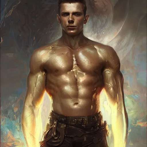 Image similar to handsome portrait of a young guy fitness posing, war hero, flexing, radiant light, caustics, by gaston bussiere, bayard wu, greg rutkowski, giger, maxim verehin