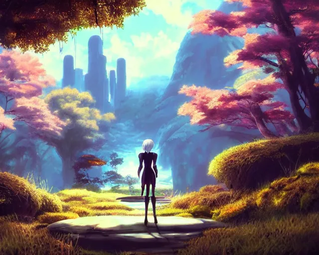 Image similar to scenery artwork, scene beautiful, light!! light essential japan world japan and nature vegetation with daylight, surrealism oil on canvas, artstation!! pixiv!! dream scenery, quality astral projection render, nier automata concept art, vaporwave textures