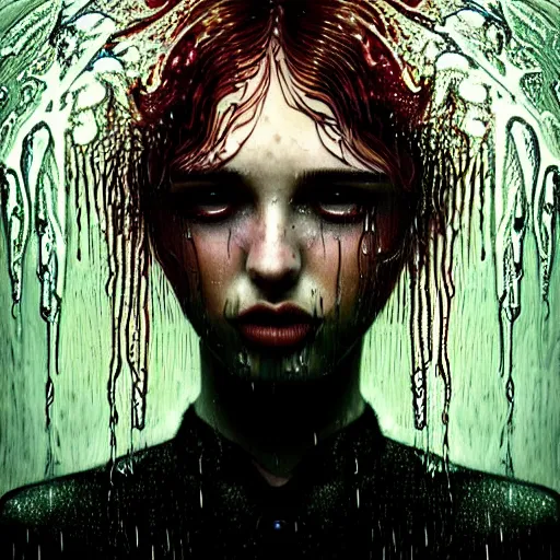 Image similar to dramatic asthetic portrait of LSD in rain with wet hair and face, liquid, fantasy, intricate, elegant, dramatic lighting, highly detailed, lifelike, photorealistic, digital painting, artstation, illustration, concept art, smooth, sharp focus, art by John Collier and Albert Aublet and Krenz Cushart and Artem Demura and Alphonse Mucha