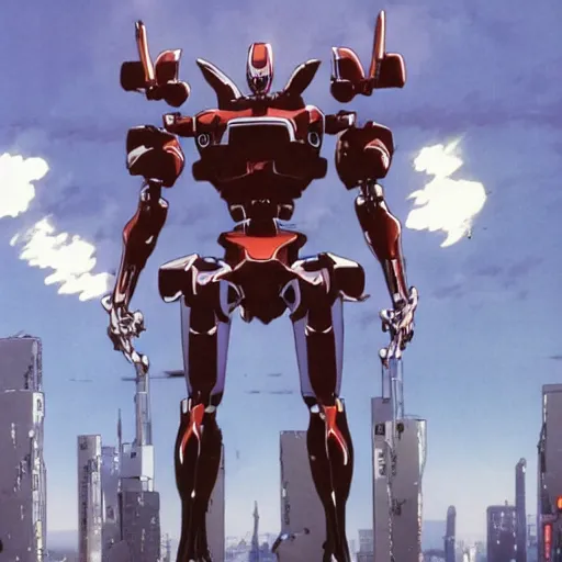 Prompt: 2 0 1 9 anime screenshot of a sleek, slender, human - scale mecha suit defending the city streets, designed by hideaki anno, drawn by tsutomu nihei, and painted by zdzislaw beksinski