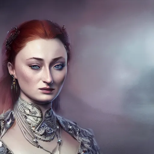 Prompt: sophie turner in javanese victorian clothing, hyper realistic, ambient lighting, concept art, intricate, hyper detailed, smooth, dynamic volumetric lighting, octane, raytrace, cinematic, high quality, high resolution, 4 k, cgsociety, rutkowski, gurney