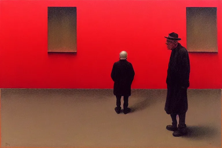 Prompt: only with red, a red old man try to sell a portrait, in a square, crowd cheers, in the style of beksinski, parts by edward hopper, parts by rodcenko, parts by yue minjun, intricate and epic composition, red by caravaggio, insanely quality, highly detailed, masterpiece, red light, artstation, 4 k