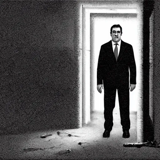 Image similar to Ted Cruz stands alone, the last man on earth, black and white, creepy lighting, scary, horror, ornate, eerie, fear, oil painting