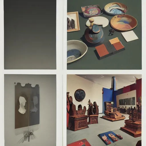 Image similar to A three color offset photography of objects on display, anthropology of wonder, exotic artifacts, bauhaus, colonial expedition, exhibition, 60s style