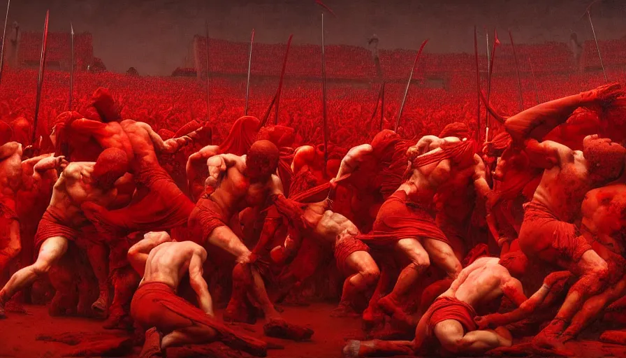 Image similar to only with red, bloody gladiator battle in a crowded roman amphitheatre, crowd cheering, in the style of beksinski and edward hopper and rodcenko and yue minjun and cory loftis, intricate and epic composition, red by caravaggio, highly detailed, masterpiece, red light, artstation, art nouveau