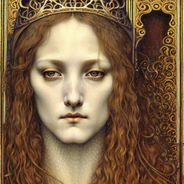 Image similar to detailed realistic beautiful young medieval queen face portrait by jean delville, gustave dore and marco mazzoni, art nouveau, symbolist, visionary, gothic, pre - raphaelite. horizontal symmetry