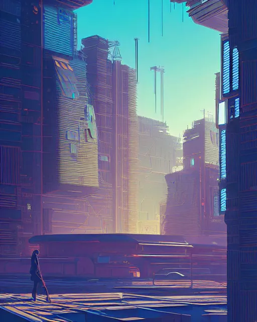 Image similar to beautiful painting of a cyberpunk marseilles inspired by leo ming pei, art by mike winkelmann, golden hour, illustration, highly detailed, simple, smooth and clean vector curves, no jagged lines, vector art, smooth, artstation