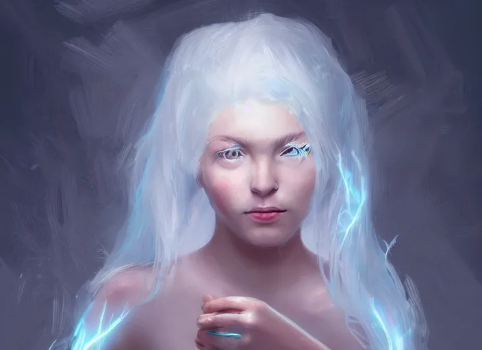 Prompt: girl with silk glowing white hair with glowing white stings coming out of her hands, concept digital art trending on artstation oilpaint