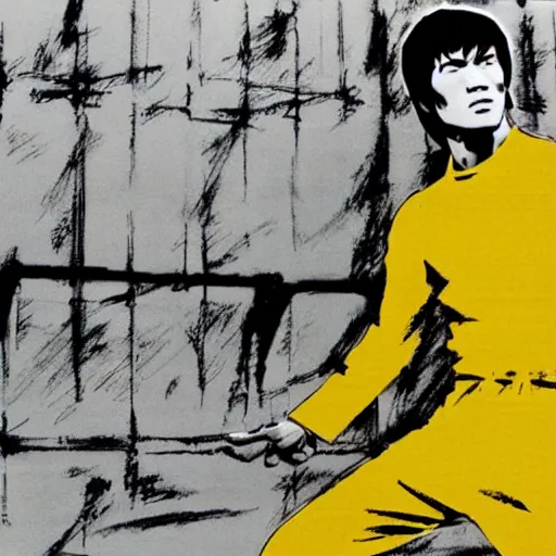 Image similar to Bruce Lee wearing a yellow jumpsuit by Yoji Shinkawa and Ashley Wood