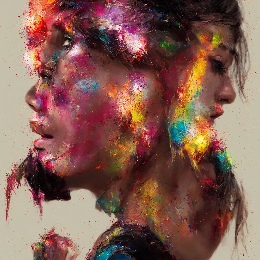 Image similar to , side portrait of a female artist in her workshop, moody, warm light, multicolor paint splatters on skin, cyborg hands, artstation, octane render