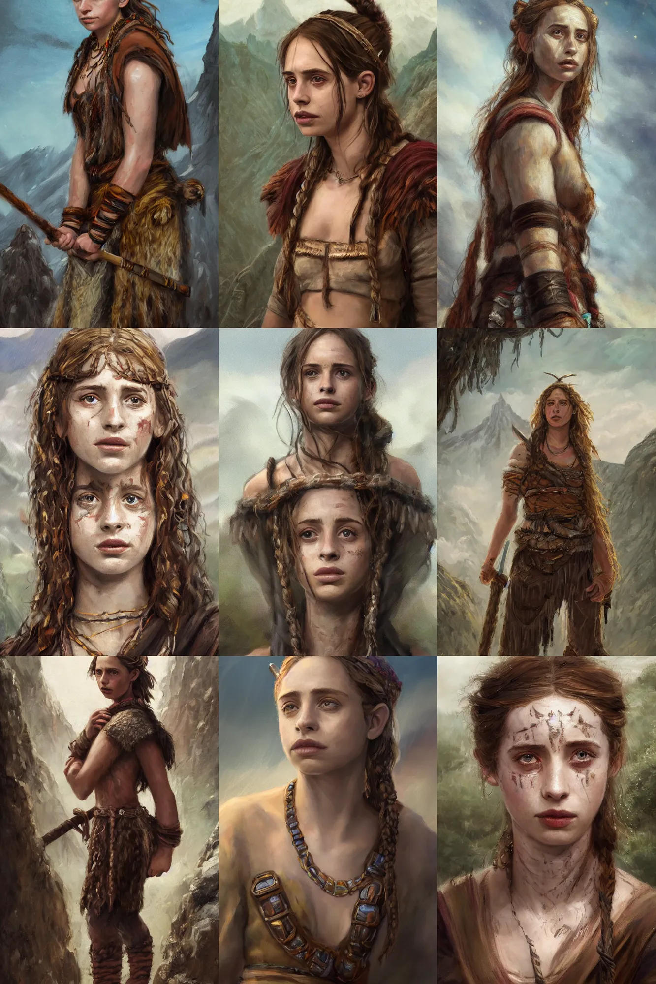 Prompt: a full body high detail fantasy portrait oil painting illustration of maya hawke as a beautiful rugged stoic barbarian woman by justin sweet with face and body clearly visible, in a scenic background, pupils visible, realistic proportions, d & d, rpg, forgotten realms, artstation trending, high quality, sombre mood, artstation trending, muted colours, entire person visible!, natural light,