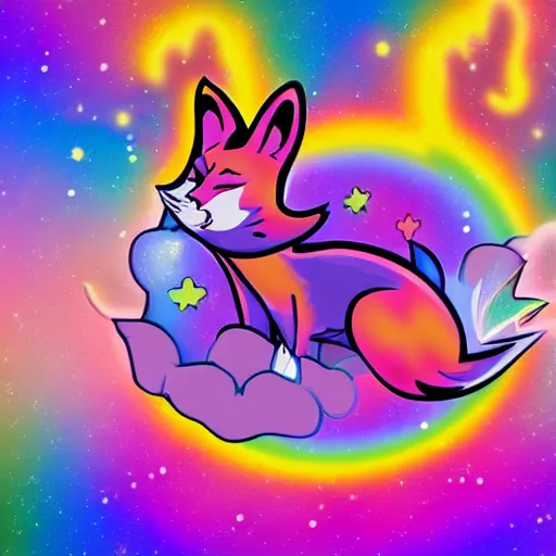 Image similar to digital art in the style of Lisa frank, depicting, anthropomorphic fox furry with their eyes closed, dreaming of pastel rainbows and happy thoughts, trending on FurAffinity