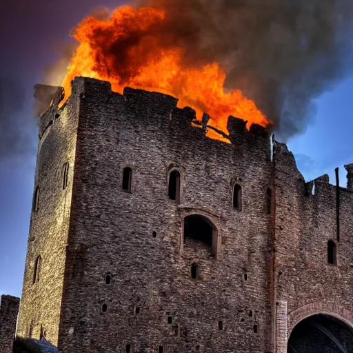 Image similar to Siege of a burning medieval castle, XF IQ4, 150MP, 50mm, f/1.4, ISO 200, 1/160s, natural light, Adobe Photoshop, Adobe Lightroom, DxO Photolab, polarizing filter, Sense of Depth, AI enhanced, HDR