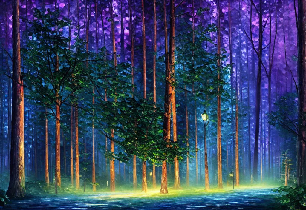 Image similar to lothlorien at night, very dark sky with green lights, blue lights and purple lights, elven forest town with houses up in the trees, oil painting, dramatic lighting, jakub kasper, makoto shinkai, leonid afremov, hyperrealistic, cinematic, elegant, intricate