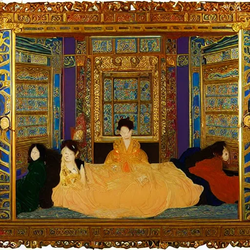 Image similar to the ornate bedchamber of a chinese princess, with screens and silks, by frederic leighton