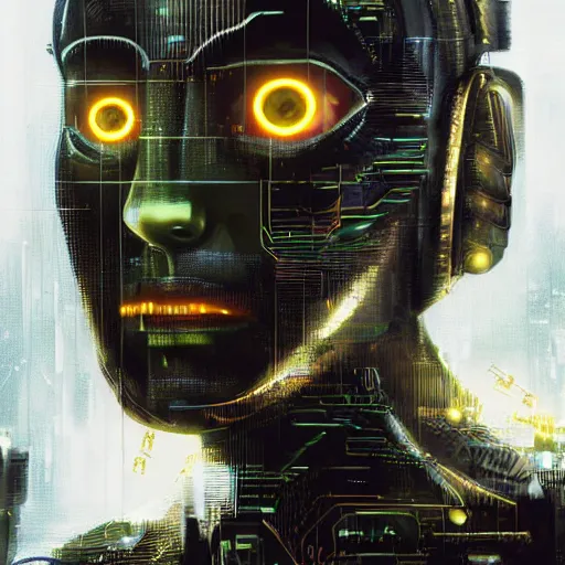 Prompt: a face covered in computer circuits, scifi, bladerunner, cyberpunk, heavy ink, yellow, very detailed eyes, 8 k resolution, by wlop, greg rutkowski