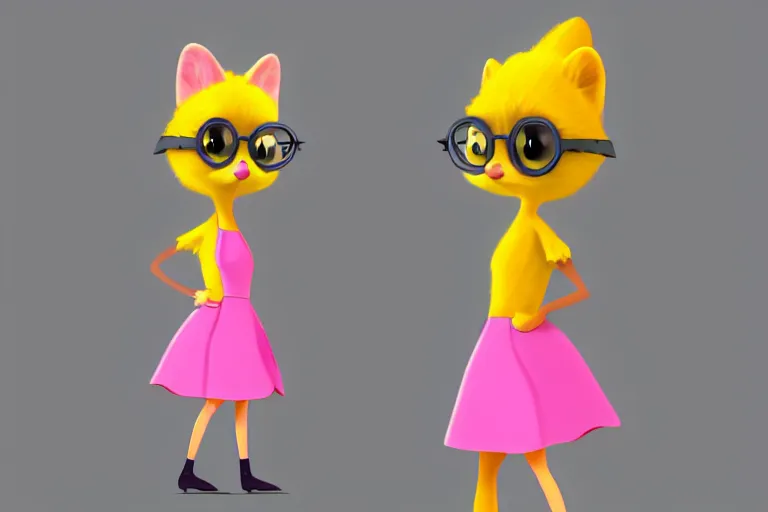 Prompt: detailed flat 2 d : female marten character : wearing jewelry : wearing a pink dress : wearing yellow hat : head torso legs feet : lorax movie : artstation, cel shaded