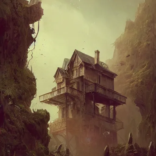 Image similar to unkind haunted house that hasn't been maintained properly sitting atop a narrow cliff on a bouncy hillside, overlooking a grim ocean, digital painting by greg rutkowski and gaston bussiere, trending on artstation, cgsociety contest winner, zbrush, intricately defined, comprehensive art, 4 k